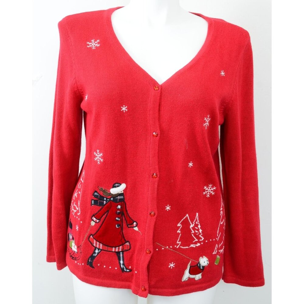 90s Christopher & Banks Scottie Dog Walking Winter Scene Red Sweater Buttons XL